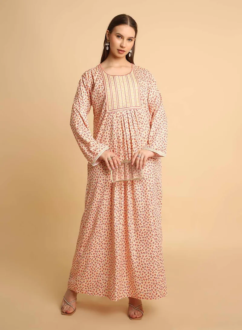 HANA & SARA Elegant Women Jalabiya Dress – Arabic Style Floral Print with Embroidered Chest Design